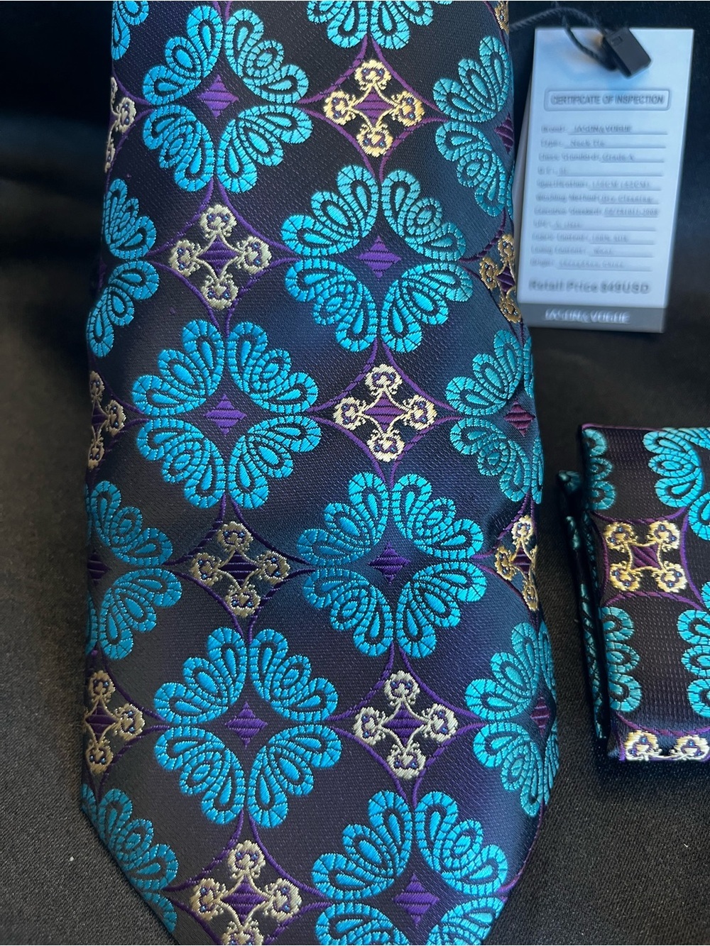 Men's Teal & Purple Floral Silk Tie Set with Pocket Square and Cufflinks - Picture 3 of 4